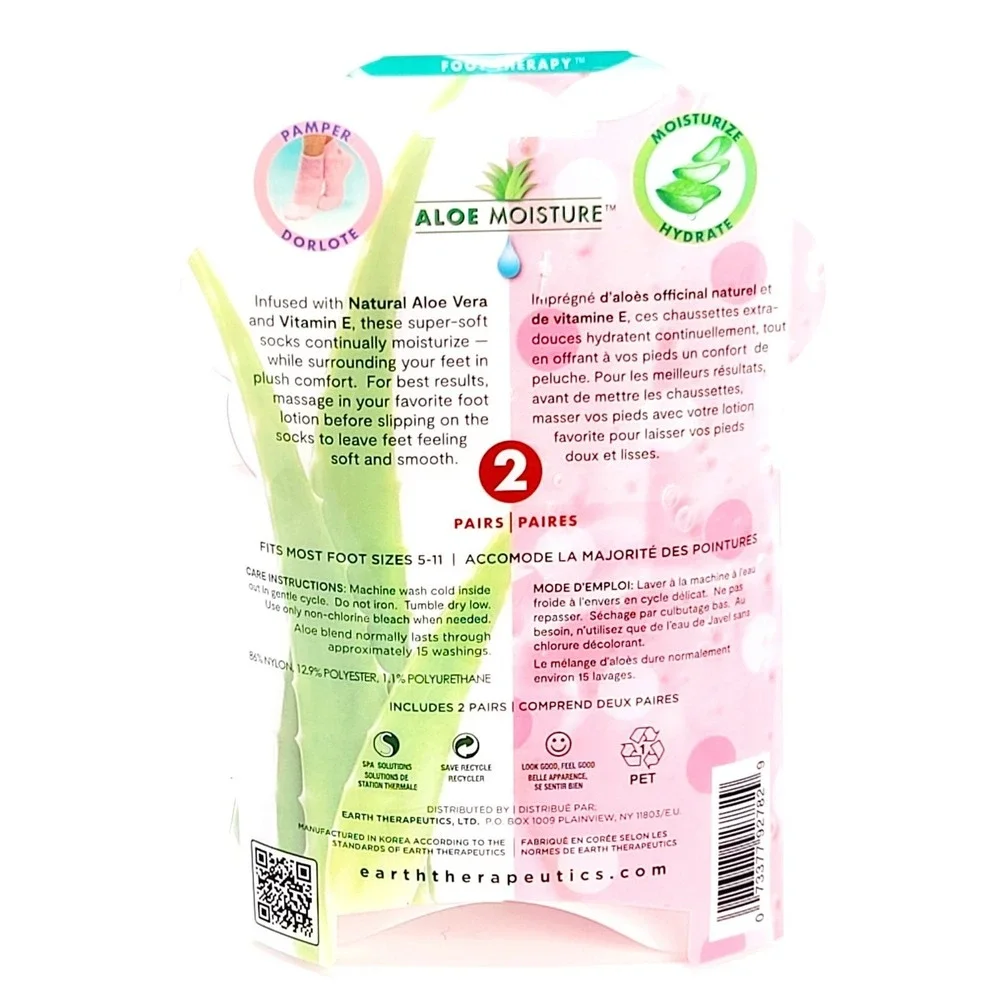 NEW Earth Therapeutics ALOE MOISTURE Socks Pink 2 Pair Pack Spa Foot Therapy